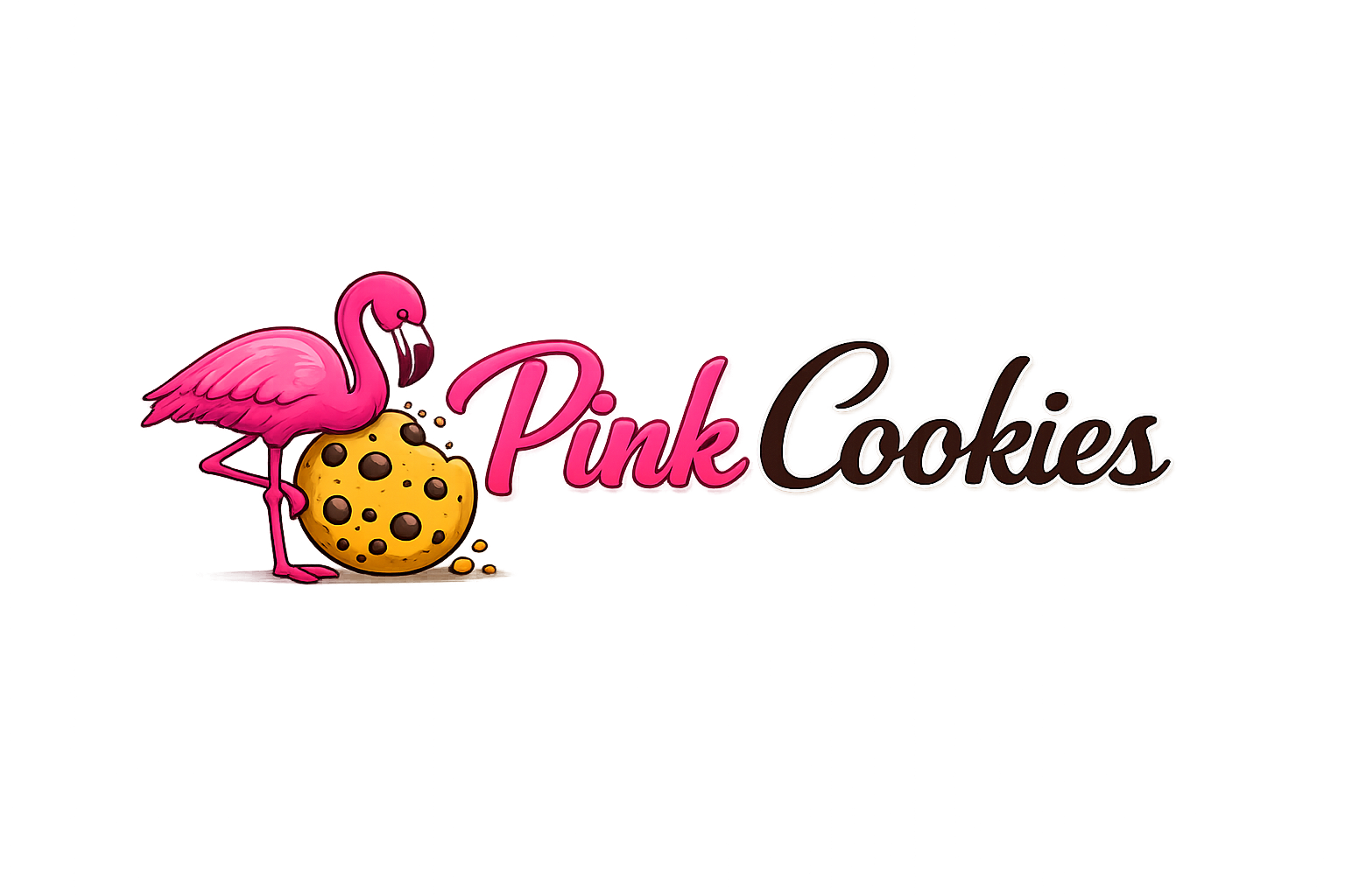 Pink Cookies logo — a pink flamingo leaning on a chocolate-chip cookie